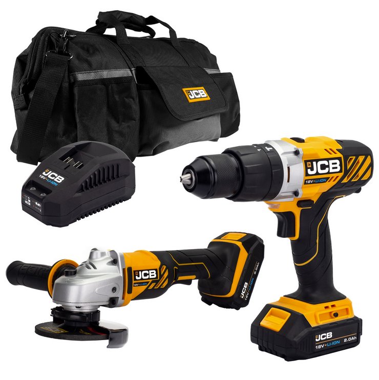 JCB JCB 18V Combi Drill Angle Grinder Kit 2x 2.0ah Lithium-Ion Batteries and charger in 20  kit bag | 21
