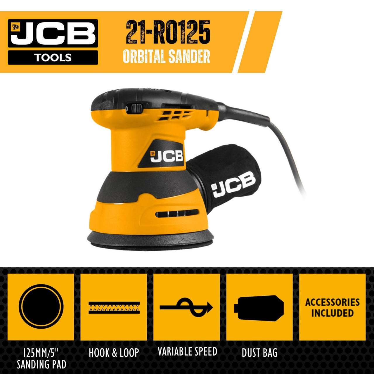 JCB Corded Electric Random Orbital Sander 125mm | 21-RO125 - BATA Ltd