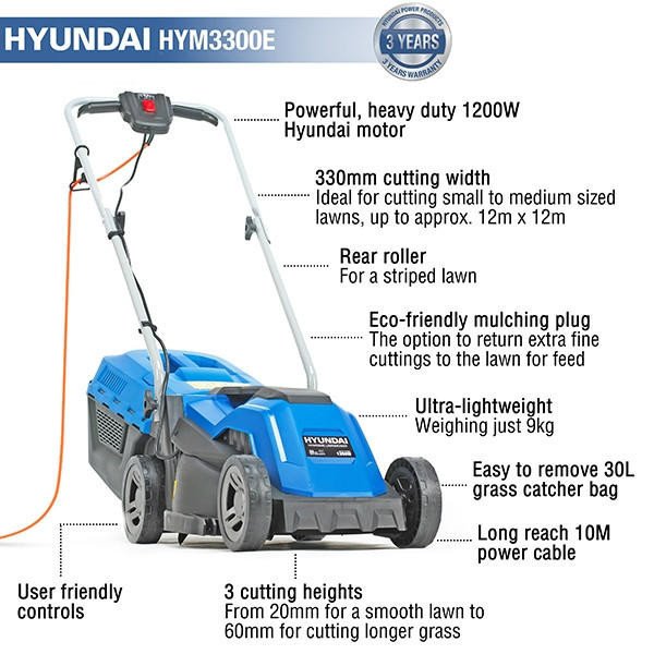 Hyundai Hyundai HYM3300E Electric 1200W / 230V 33cm Rotary Rear Roller Lawnmower