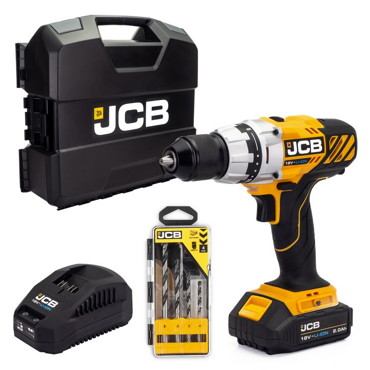 JCB JCB 18V Brushless Drill Driver 1x 2.0Ah Lithium-Ion battery and 2.4A fast charger with 4pc multipurp