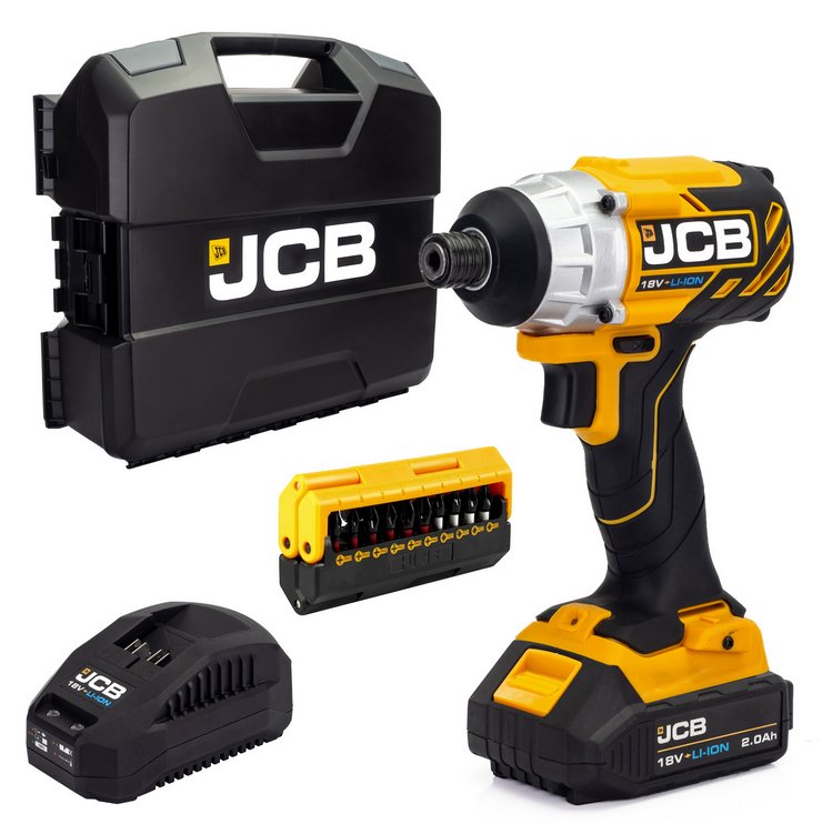JCB JCB 18V Impact Driver 1x2.0Ah Lithium-Ion battery with 2.4A fast charger with 13pc impact bit set in